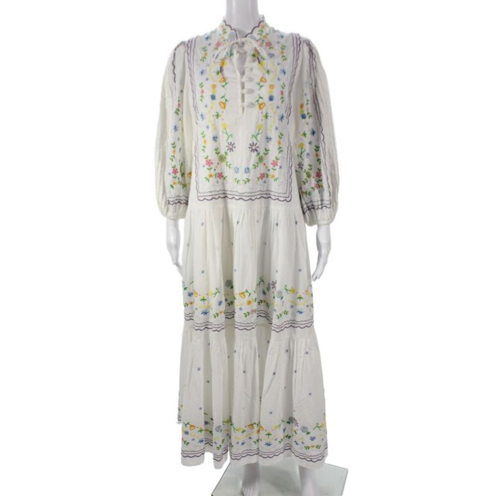 Alemais Women Maxi Shirt Dress White Floral Cotton 3/4 Sleeve Button Size 4